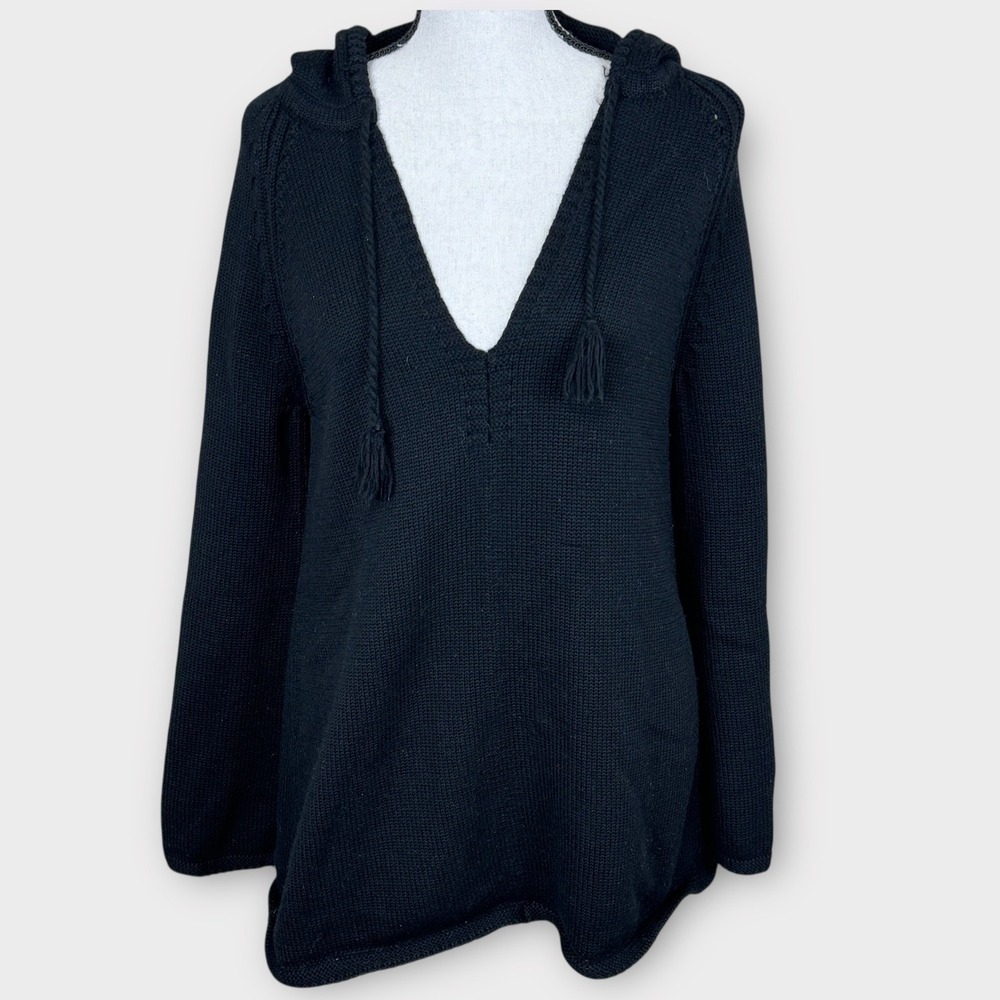 7 For All Mankind Black 100% Merino Wool V Neck Tassel Hoodie Pullover Sweater S